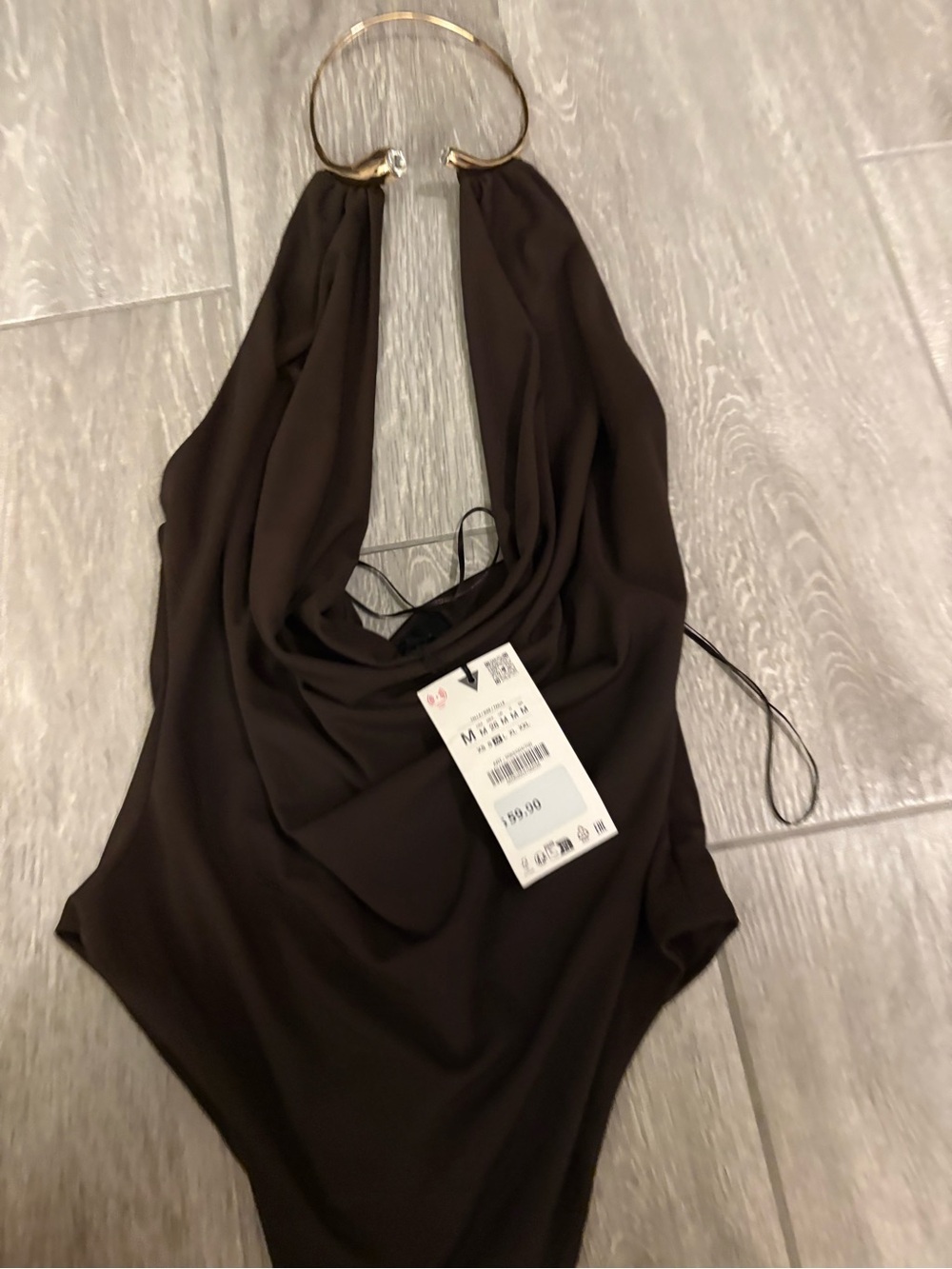 Zara Brown Halter Bodysuit with Gold Ring Detail